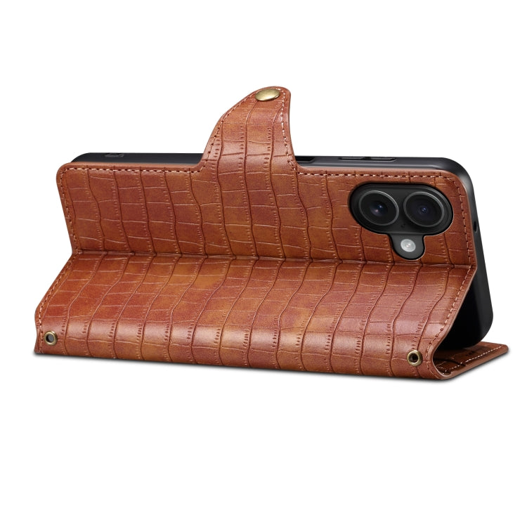 For iPhone 16 Plus Denior Crocodile Texture Oil Edge Leather Phone Case(Brown) - iPhone 16 Plus Cases by Denior | Online Shopping UK | buy2fix