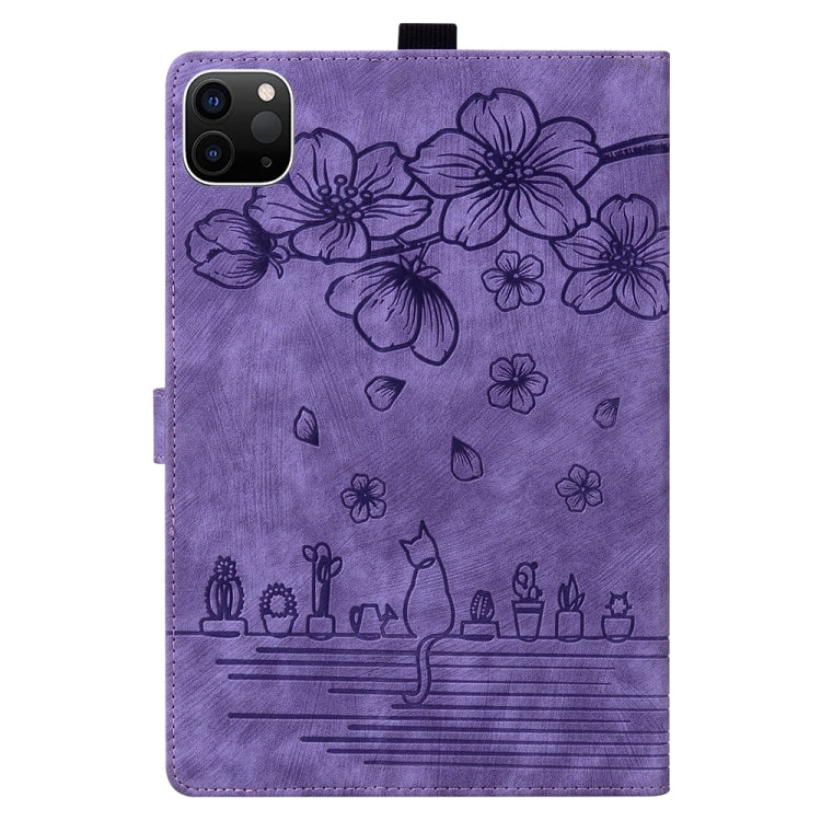 For iPad Pro 13 2024 Cartoon Sakura Cat Embossed Smart Leather Tablet Case(Purple) - iPad Pro 13 2024 Cases by buy2fix | Online Shopping UK | buy2fix