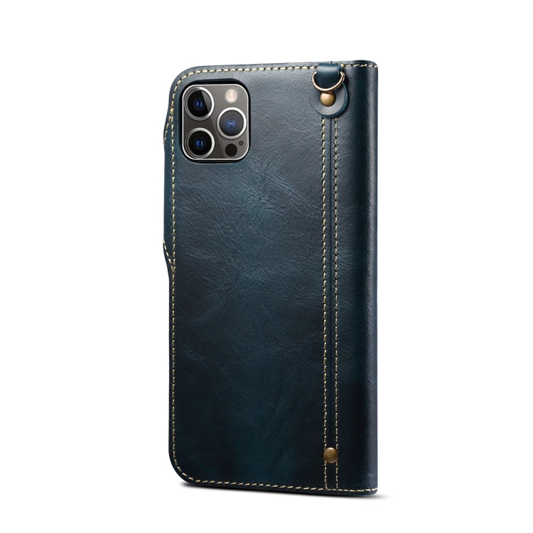 For iPhone 15 Pro Max Denior Oil Wax Cowhide Magnetic Button Genuine Leather Case(Dark Blue) - iPhone 15 Pro Max Cases by Denior | Online Shopping UK | buy2fix