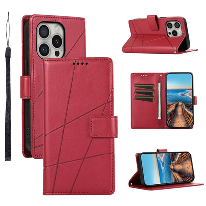 For iPhone 16 Pro PU Genuine Leather Texture Embossed Line Phone Case(Red) - iPhone 16 Pro Cases by buy2fix | Online Shopping UK | buy2fix