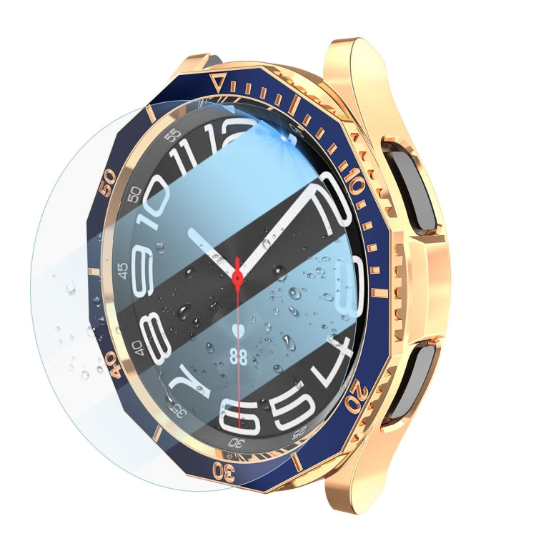 For Samsung Galaxy Watch6 Classic 43mm R950 Electroplate PC Case + Tempered Film + Watch Bezel Ring Set(Blue+Rose Gold) - Watch Cases by buy2fix | Online Shopping UK | buy2fix