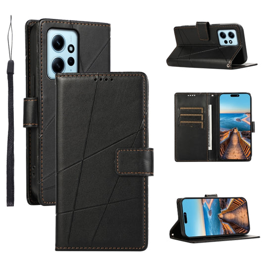 For Xiaomi Redmi Note 12 4G PU Genuine Leather Texture Embossed Line Phone Case(Black) - Xiaomi Cases by buy2fix | Online Shopping UK | buy2fix