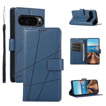 For Google Pixel 9 Pro PU Genuine Leather Texture Embossed Line Phone Case(Blue) - Google Cases by buy2fix | Online Shopping UK | buy2fix