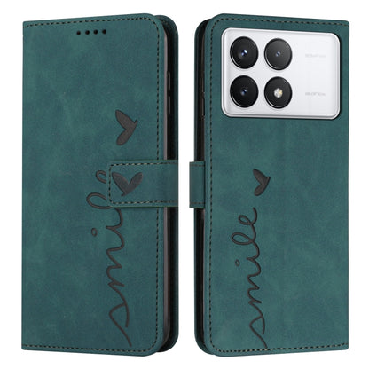 For Xiaomi Redmi K70 / K70 Pro Skin Feel Heart Embossed Leather Phone Case with Long Lanyard(Green) - K70 Pro Cases by buy2fix | Online Shopping UK | buy2fix