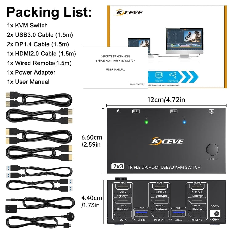 KC-KVM203DH 8K 30Hz USB3.0 DP+DP+HDMI Triple Monitors KVM Switch, UK Plug - Switch by buy2fix | Online Shopping UK | buy2fix