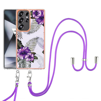 For Samsung Galaxy S25 Ultra 5G Electroplating Pattern IMD TPU Shockproof Case with Neck Lanyard(Purple Flower) - Galaxy S25 Ultra 5G Cases by buy2fix | Online Shopping UK | buy2fix