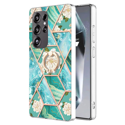 For Samsung Galaxy S25 Ultra 5G Electroplating Splicing Marble Flower Pattern TPU Shockproof Case with Rhinestone Ring Holder(Blue Flower) - Galaxy S25 Ultra 5G Cases by buy2fix | Online Shopping UK | buy2fix