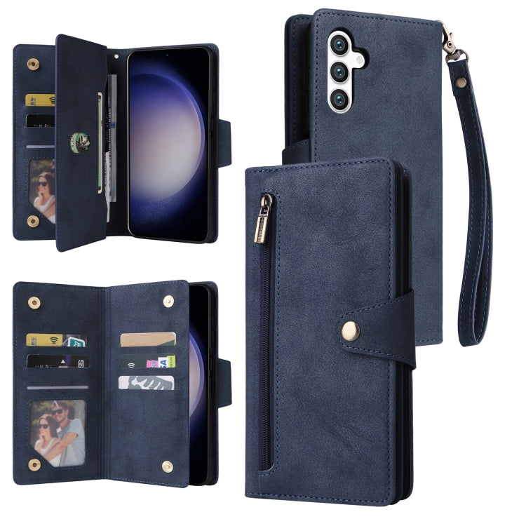 For Samsung Galaxy S24 5G Rivet Buckle 9 Cards 3-Fold Wallet Leather Phone Case(Blue) - Galaxy S24 5G Cases by buy2fix | Online Shopping UK | buy2fix