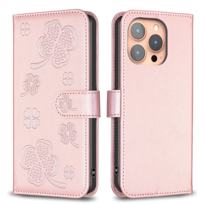 For iPhone 16 Pro Max Four-leaf Embossed Leather Phone Case(Pink) - iPhone 16 Pro Max Cases by buy2fix | Online Shopping UK | buy2fix