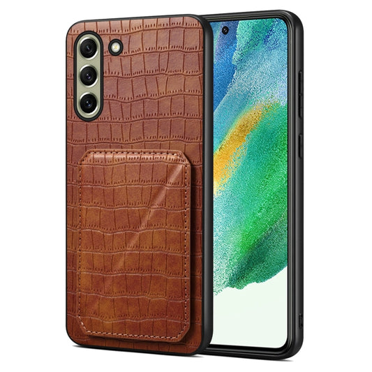 For Samsung Galaxy S21 FE 5G Denior Imitation Crocodile Leather Back Phone Case with Holder(Brown) - Galaxy Phone Cases by Denior | Online Shopping UK | buy2fix