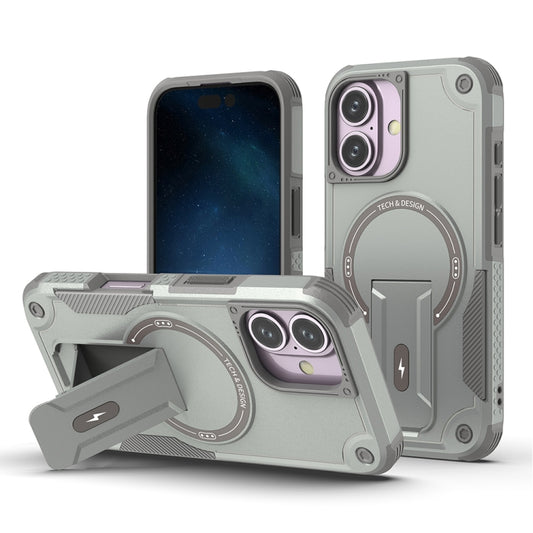 For iPhone 16 Armor Magsafe Holder PC Hybrid TPU Phone Case(Grey) - iPhone 16 Cases by buy2fix | Online Shopping UK | buy2fix