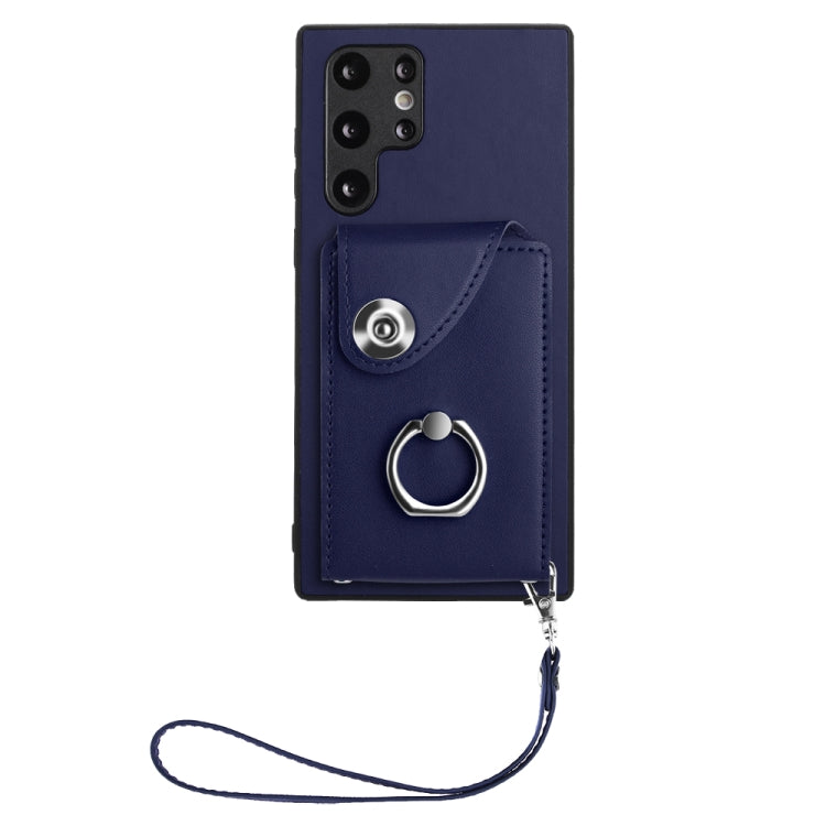 For Samsung Galaxy S22 Ultra 5G Organ Card Bag Ring Holder PU Phone Case with Lanyard(Blue) - Galaxy S22 Ultra 5G Cases by buy2fix | Online Shopping UK | buy2fix