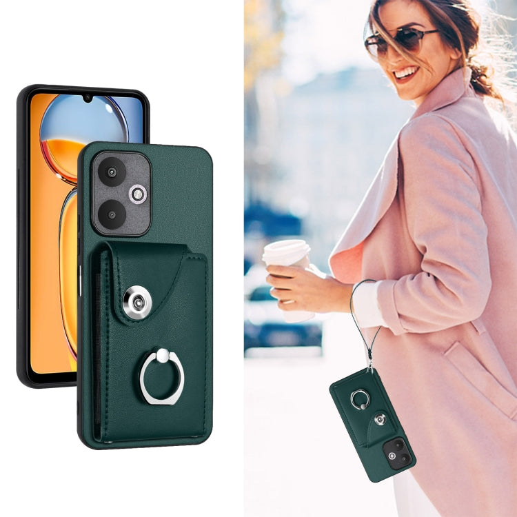 For Xiaomi Redmi 13C 5G / Redmi 13R Organ Card Bag Ring Holder PU Phone Case with Lanyard(Green) - 13C Cases by buy2fix | Online Shopping UK | buy2fix