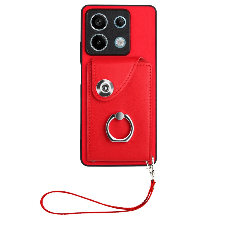 For Xiaomi Redmi Note 13 5G Global Organ Card Bag Ring Holder PU Phone Case with Lanyard(Red) - Note 13 Cases by buy2fix | Online Shopping UK | buy2fix