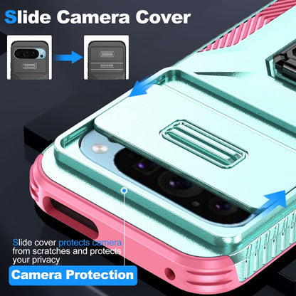 For Google Pixel 9 / Pixel 9 Pro Sliding Camshield Holder Phone Case(Grey Green + Pink) - Google Cases by buy2fix | Online Shopping UK | buy2fix