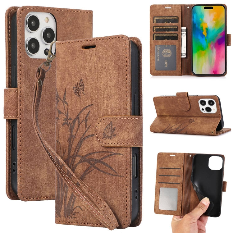 For iPhone 16 Pro Max Orchid Butterfly Embossed Leather Phone Case(Brown) - iPhone 16 Pro Max Cases by buy2fix | Online Shopping UK | buy2fix