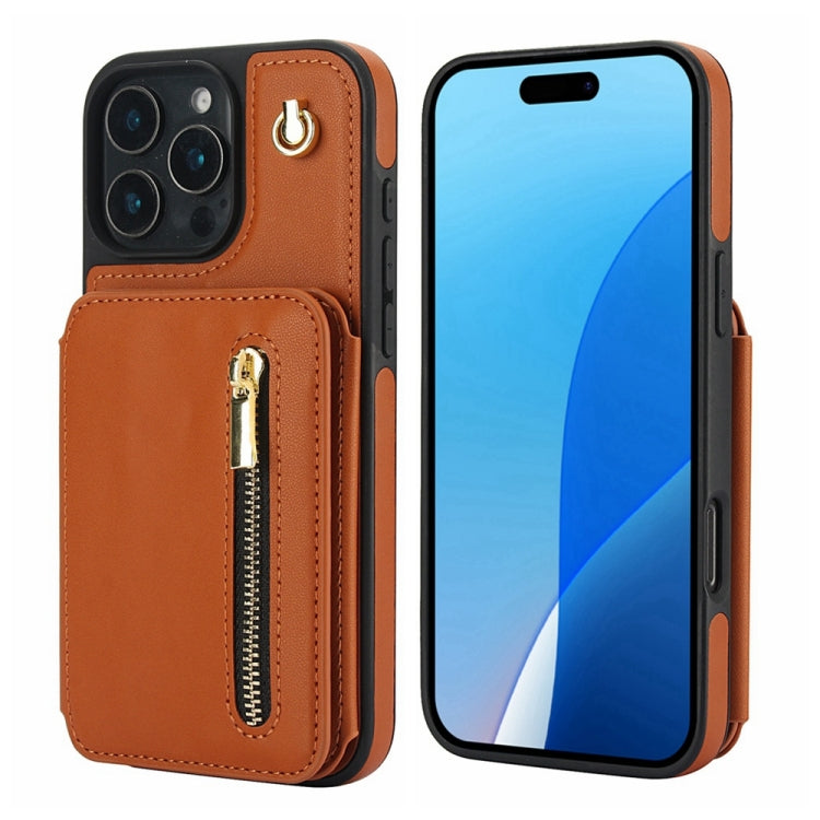 For iPhone 16 Pro Max YM006 Skin Feel Zipper Card Bag Phone Case with Dual Lanyard(Brown) - iPhone 16 Pro Max Cases by buy2fix | Online Shopping UK | buy2fix