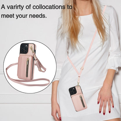 For iPhone 16 Pro YM006 Skin Feel Zipper Card Bag Phone Case with Dual Lanyard(Rose Gold) - iPhone 16 Pro Cases by buy2fix | Online Shopping UK | buy2fix