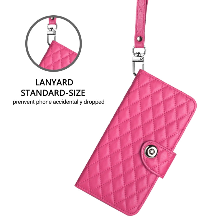 For iPhone 16 Pro Max Rhombic Texture Flip Leather Phone Case with Lanyard(Rose Red) - iPhone 16 Pro Max Cases by buy2fix | Online Shopping UK | buy2fix