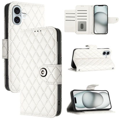 For iPhone 16 Plus Rhombic Texture Flip Leather Phone Case with Lanyard(White) - iPhone 16 Plus Cases by buy2fix | Online Shopping UK | buy2fix