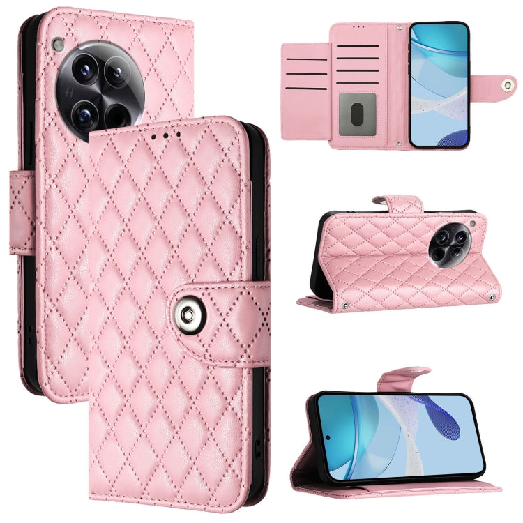 For OnePlus 12 5G Global Rhombic Texture Flip Leather Phone Case with Lanyard(Pink) - OnePlus Cases by buy2fix | Online Shopping UK | buy2fix