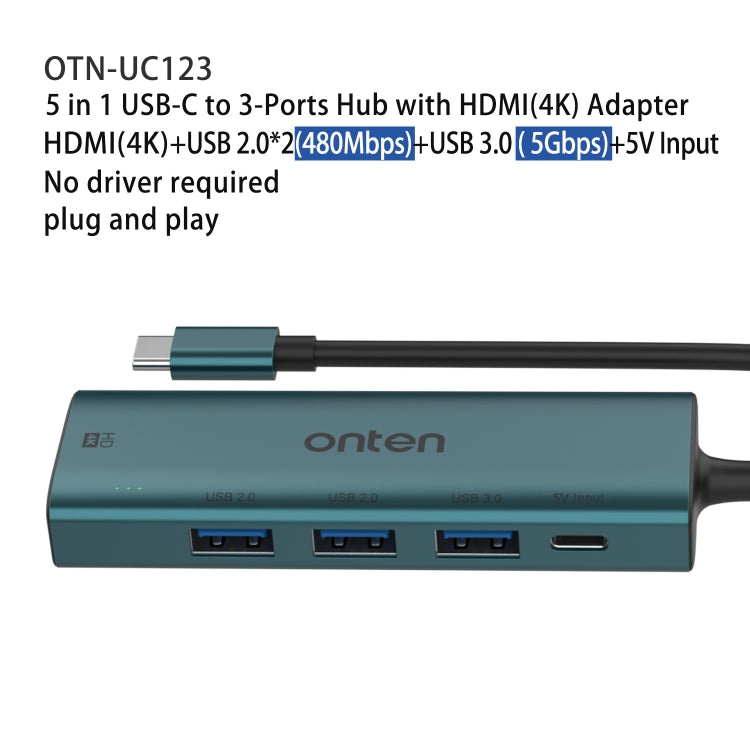 Onten UC123 5 in 1 USB-C / Type-C to HDMI + USB3.0 HUB Docking Station with 5V Input - USB HUB by Onten | Online Shopping UK | buy2fix