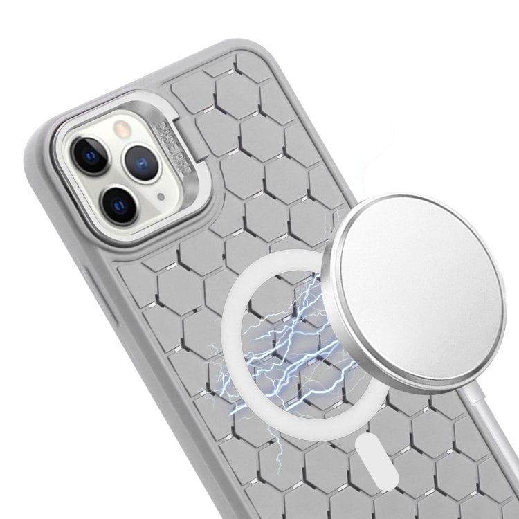 For iPhone 13 Pro Max Honeycomb Radiating Lens Holder Magsafe Phone Case with Lanyard(Grey) - iPhone 13 Pro Max Cases by buy2fix | Online Shopping UK | buy2fix