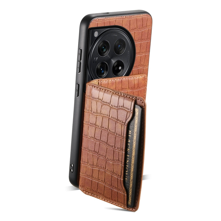 For OnePlus 12 Crocodile Texture Card Bag Design Full Coverage Phone Case(Brown) - OnePlus Cases by buy2fix | Online Shopping UK | buy2fix