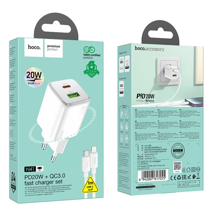 hoco N41 Almighty PD20W Type-C + QC3.0 USB Charger with Type-C to 8 Pin Cable, EU Plug(White) - USB Charger by hoco | Online Shopping UK | buy2fix