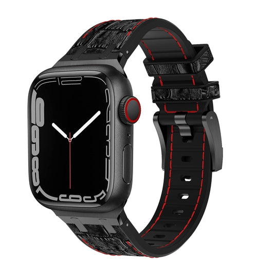 For Apple Watch SE 2022 44mm Crocodile Texture Liquid Silicone Watch Band(Black Red Black) - Watch Bands by buy2fix | Online Shopping UK | buy2fix