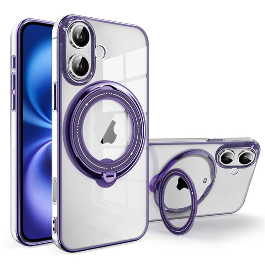 For iPhone 16 Electroplating MagSafe 360 Degree Rotation Holder Shockproof Phone Case(Dark Purple) - iPhone 16 Cases by buy2fix | Online Shopping UK | buy2fix