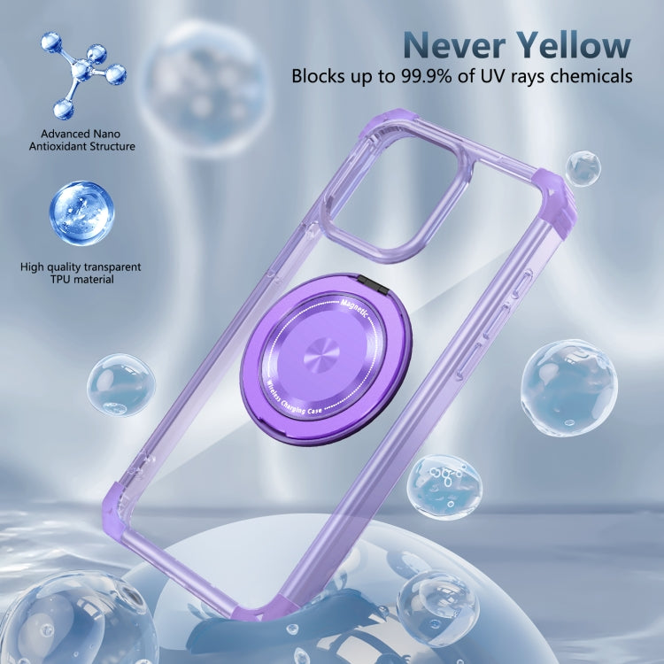 For iPhone 14 Plus Gold Shield CD Pattern MagSafe Magnetic Phone Case with Rotating Stand(Transparent Purple) - iPhone 14 Plus Cases by buy2fix | Online Shopping UK | buy2fix