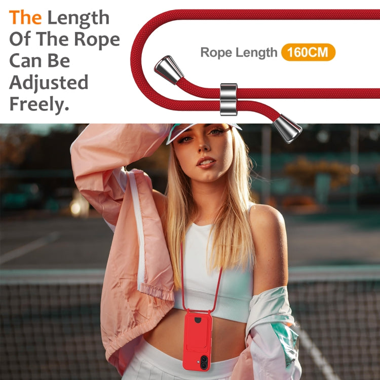 For iPhone 16 Plus Integrated Card Bag Solid Color Liquid Silicone Phone Case with Lanyard(Red) - iPhone 16 Plus Cases by buy2fix | Online Shopping UK | buy2fix