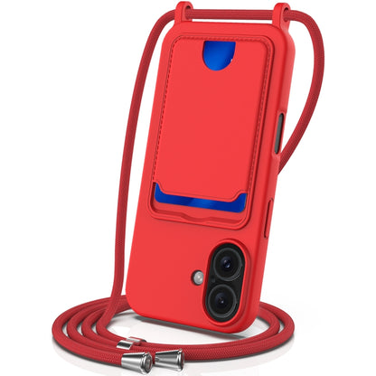 For iPhone 16 Integrated Card Bag Solid Color Liquid Silicone Phone Case with Lanyard(Red) - iPhone 16 Cases by buy2fix | Online Shopping UK | buy2fix