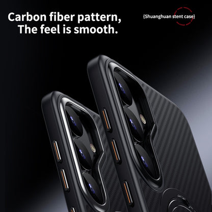 For Samsung Galaxy S25 5G Double Ring MagSafe Holder Carbon Fibre Phone Case(Black) - Galaxy S25 5G Cases by buy2fix | Online Shopping UK | buy2fix