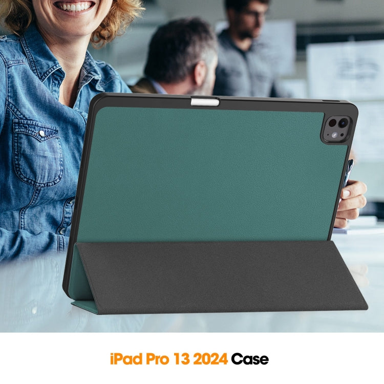 For iPad Pro 13 2024 Custer TPU Pure Color 3-Fold Holder Smart Leather Tablet Case with Pen Tray(Dark Green) - iPad Pro 13 2024 Cases by buy2fix | Online Shopping UK | buy2fix