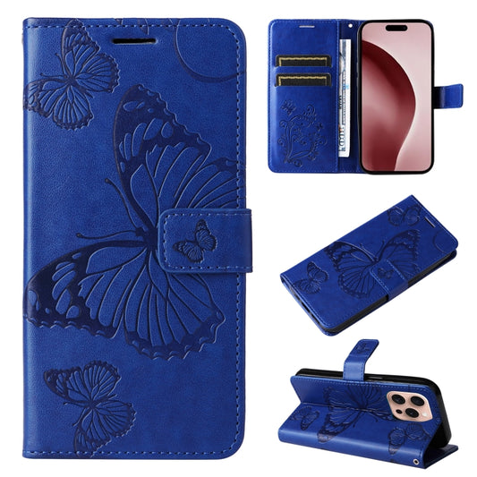 For iPhone 16 Pro 3D Butterfly Embossed Pattern Flip Leather Phone Case(Blue) - iPhone 16 Pro Cases by buy2fix | Online Shopping UK | buy2fix