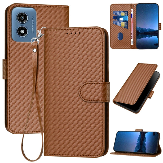 For Motorola Moto G Play 4G 2024 YX0070 Carbon Fiber Buckle Leather Phone Case with Lanyard(Coffee) - Motorola Cases by buy2fix | Online Shopping UK | buy2fix