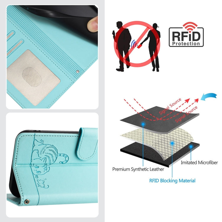 For OPPO A60 4G Global Cat Rat Embossed Pattern RFID Leather Phone Case with Lanyard(Mint Green) - OPPO Cases by buy2fix | Online Shopping UK | buy2fix