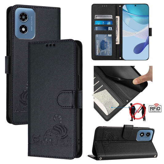 For Motorola Moto G Play 4G 2024 Global Cat Rat Embossed Pattern RFID Leather Phone Case with Lanyard(Black) - Motorola Cases by buy2fix | Online Shopping UK | buy2fix