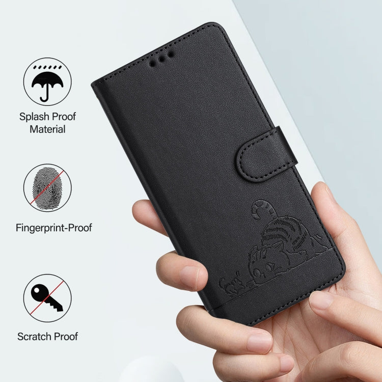 For Motorola Moto G Power 5G 2024 Cat Rat Embossed Pattern RFID Leather Phone Case with Lanyard(Black) - Motorola Cases by buy2fix | Online Shopping UK | buy2fix