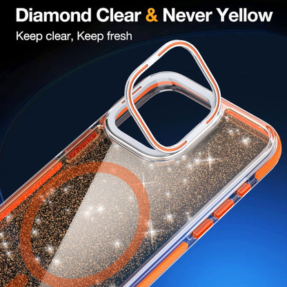 For iPhone 15 Pro Max Two-color Glitter Powder Lens Holder Magsafe Phone Case(Orange) - iPhone 15 Pro Max Cases by buy2fix | Online Shopping UK | buy2fix