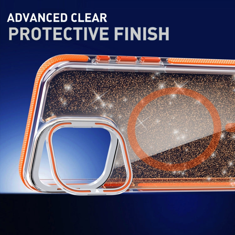 For iPhone 15 Pro Max Two-color Glitter Powder Lens Holder Magsafe Phone Case(Orange) - iPhone 15 Pro Max Cases by buy2fix | Online Shopping UK | buy2fix