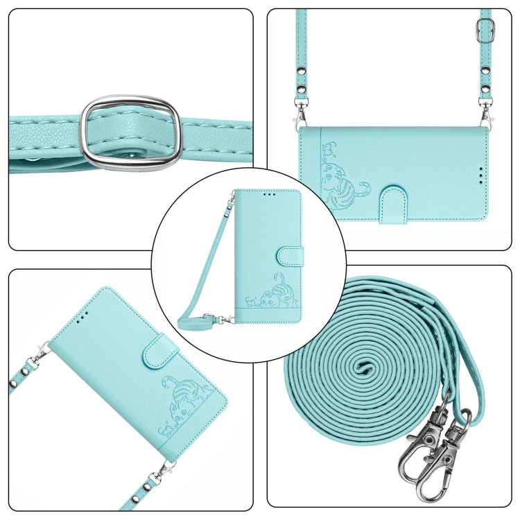 For OnePlus 12 5G Global Cat Rat Embossed Pattern RFID Leather Phone Case with Lanyard(Mint Green) - OnePlus Cases by buy2fix | Online Shopping UK | buy2fix