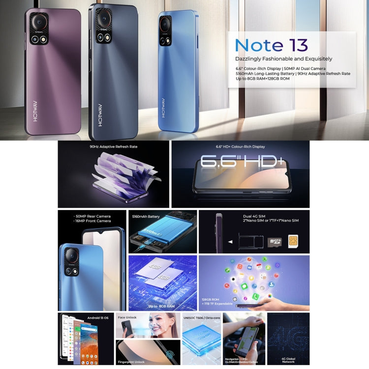 [HK Warehouse] HOTWAV Note 13, 4GB+128GB, Side Fingerprint Identification, 6.6 inch Android 13 T606 Octa Core up to 1.6GHz, Network: 4G, NFC, OTG(Blue) - Other by HOTWAV | Online Shopping UK | buy2fix