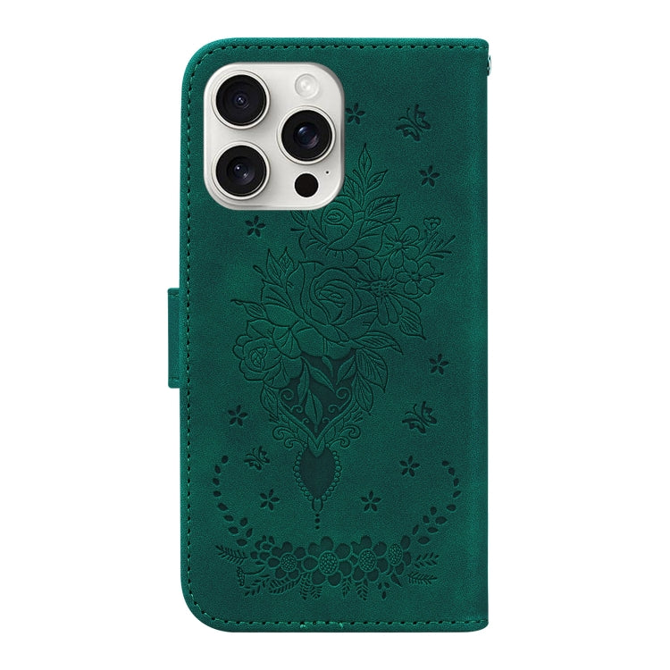 For iPhone 16 Pro Max Butterfly Rose Embossed Leather Phone Case(Green) - iPhone 16 Pro Max Cases by buy2fix | Online Shopping UK | buy2fix