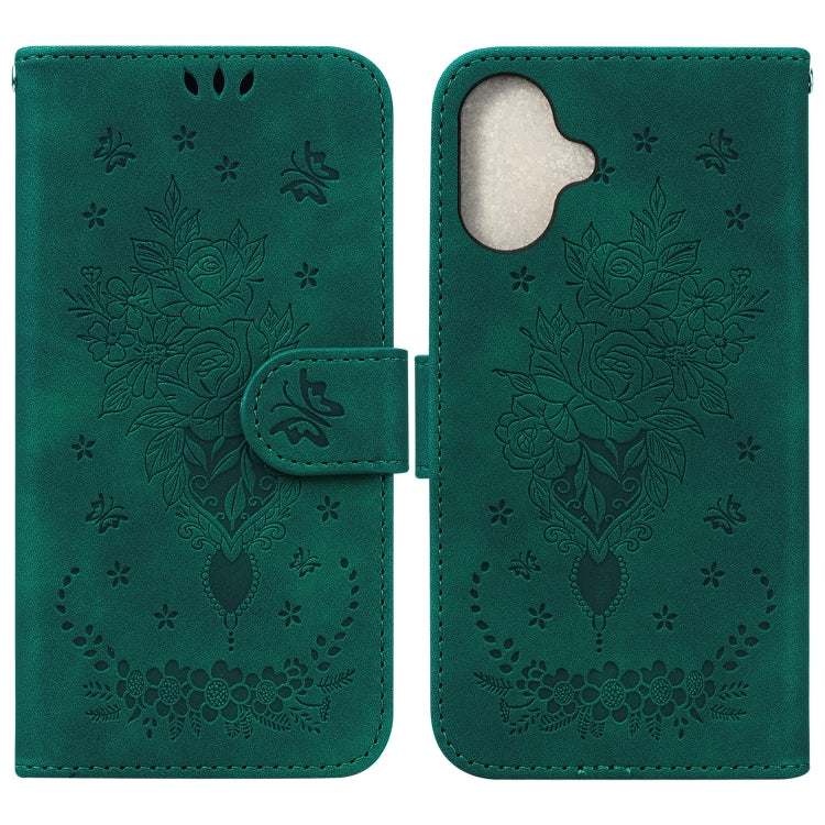 For iPhone 16 Butterfly Rose Embossed Leather Phone Case(Green) - iPhone 16 Cases by buy2fix | Online Shopping UK | buy2fix