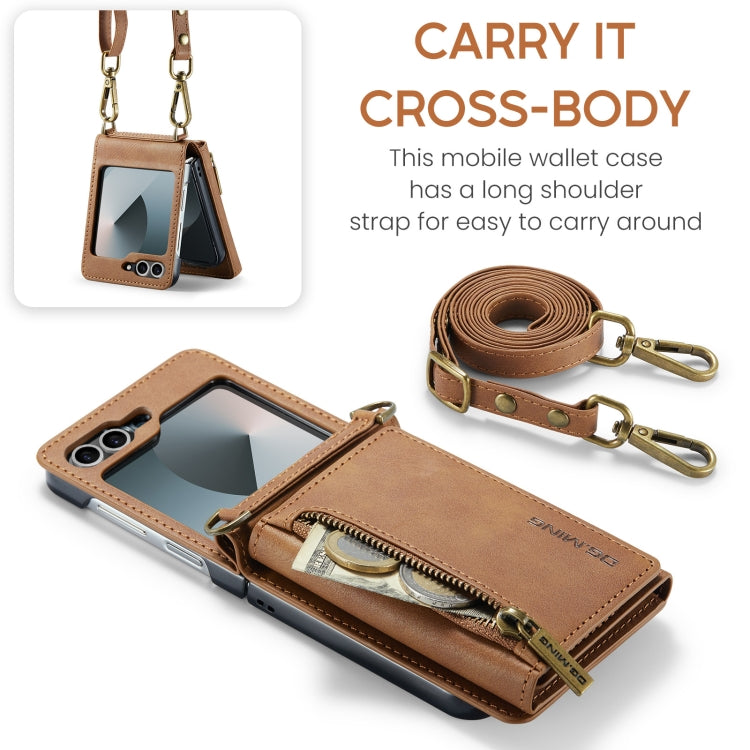 For Samsung Galaxy Z Flip6 DG.MING M5 Series Zip RFID Multi Card Detachable Leather Phone Case with Long Lanyard(Brown) - Galaxy Z Flip6 5G Cases by DG.MING | Online Shopping UK | buy2fix