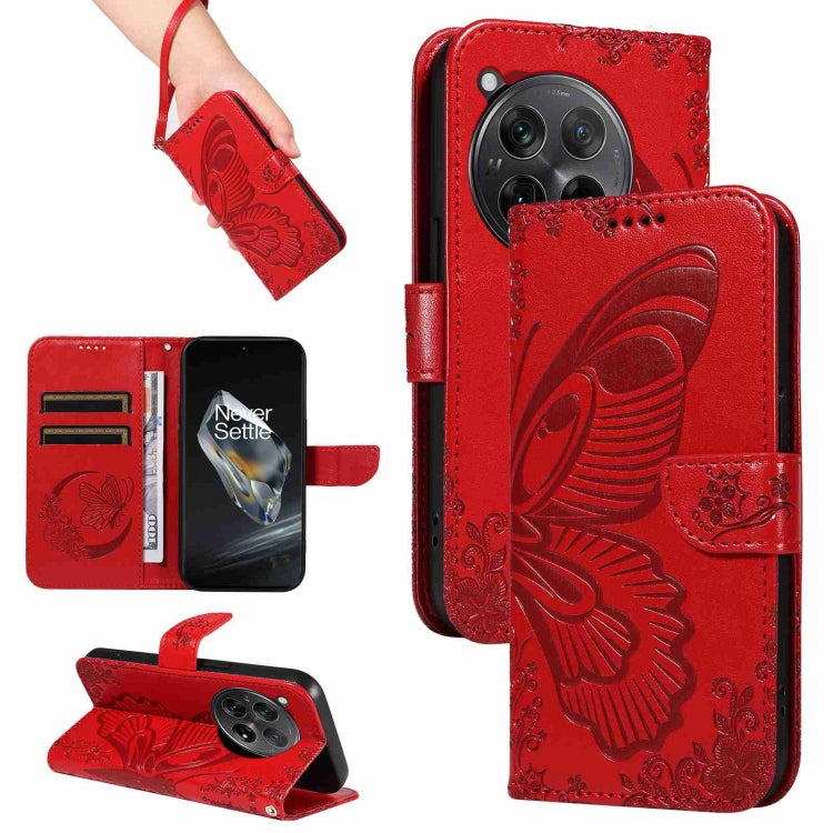 For OnePlus 12 Swallowtail Butterfly Embossed Leather Phone Case(Red) - OnePlus Cases by buy2fix | Online Shopping UK | buy2fix