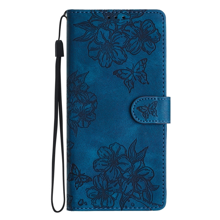 For iPhone 16 Pro Cherry Blossom Butterfly Skin Feel Embossed PU Phone Case(Blue) - iPhone 16 Pro Cases by buy2fix | Online Shopping UK | buy2fix